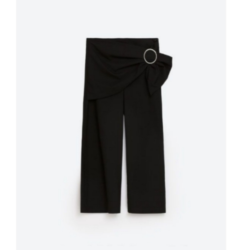 WOMEN'S ZARA BLACK CROPPED PANTS TROUSERS WITH BELT $50 SZ LARGE